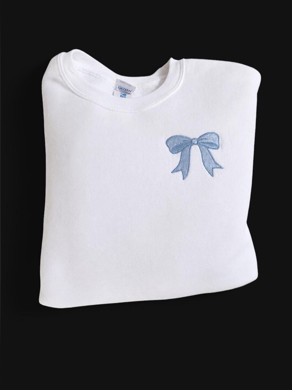 Gildan White Women’s Sweatshirt with Blue Bow Embroidery. Excellent Condition